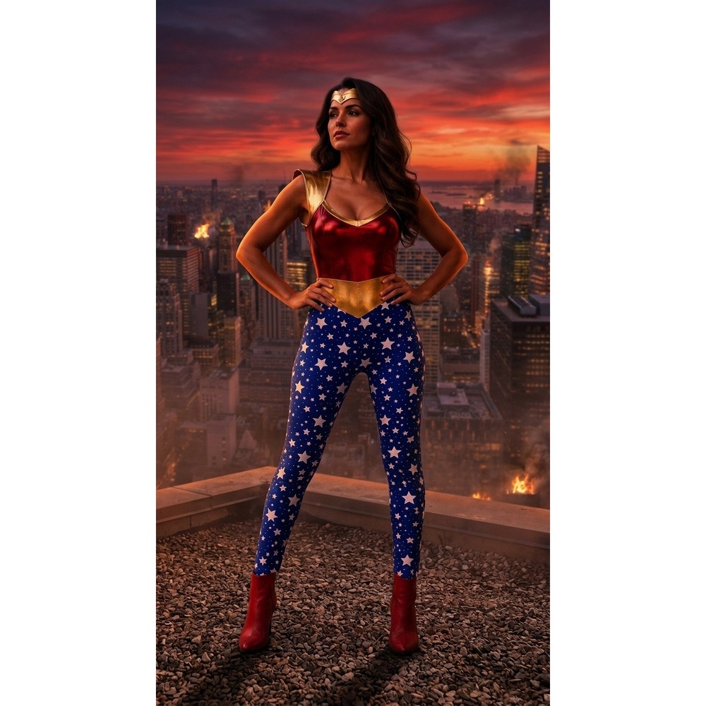 Leg Avenue Superhero Costume Womens M Red Blue Star Jumpsuit Headband 2 Piece